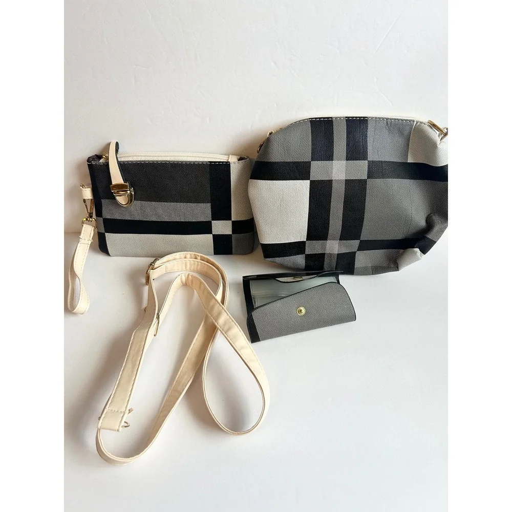 Black White Plaid Backpack Crossbody Bag Set 4 Piece Faux Leather Cream Trim